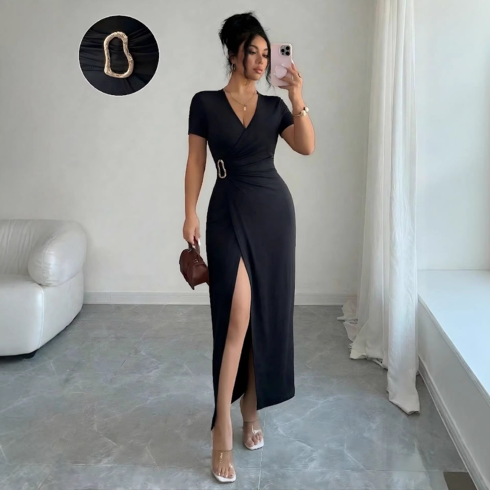 Damen nan figurbetontes Wickel-Midikleid mit V-Ausschnitt, Taillenring und hohem Beinschlitz R&B