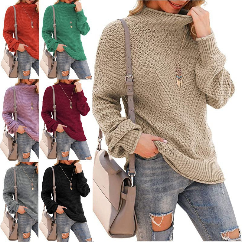 Damen Grobstrickpullover mit hohem Kragen und bequemen Ärmeln R&B