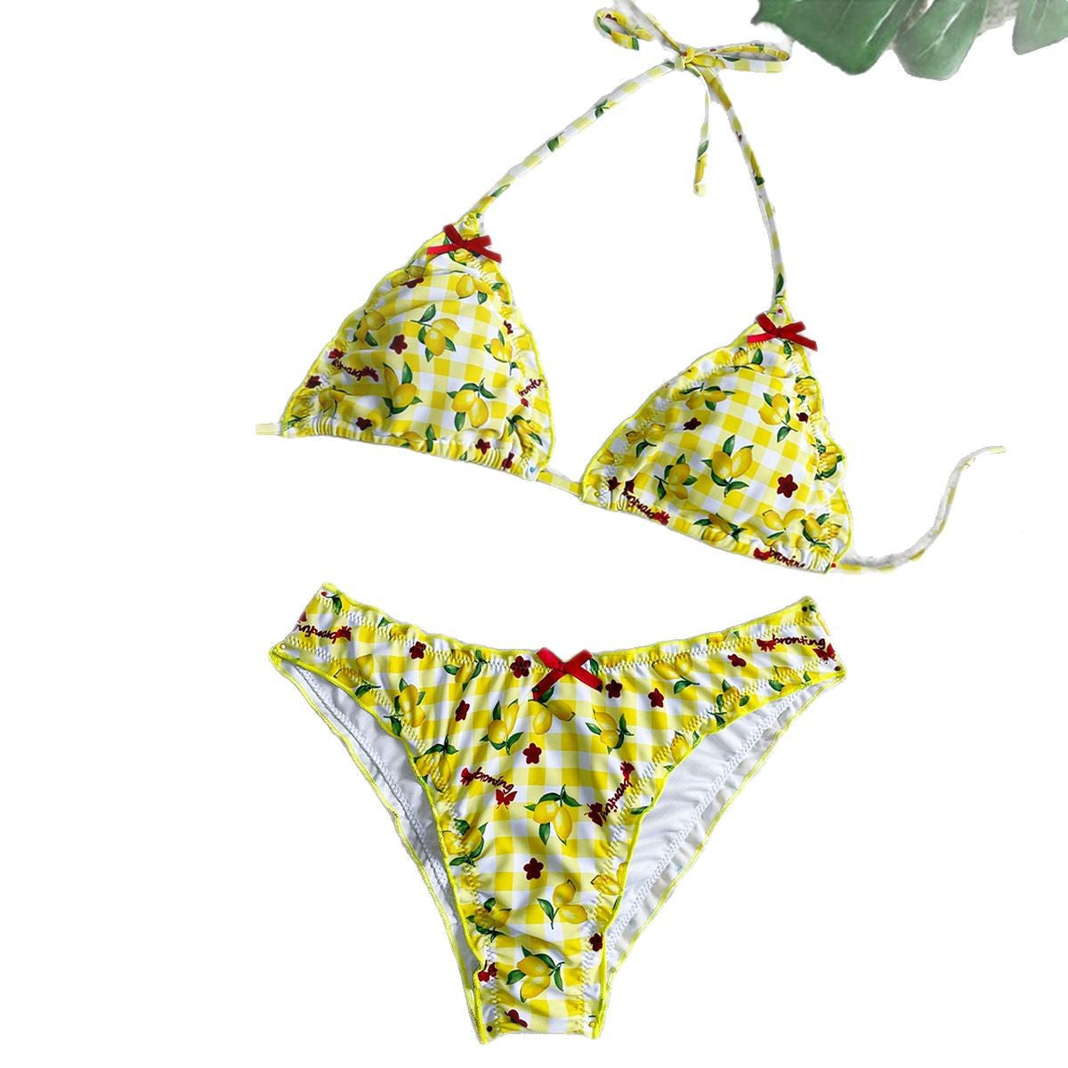 Damen Triangel Bikini mit frischem Karomuster und kontrastierenden Schleifen R&B