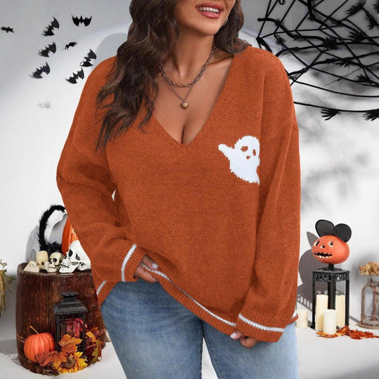 Damen Strickpullover mit Ghost-Motiv und V-Ausschnitt R&B