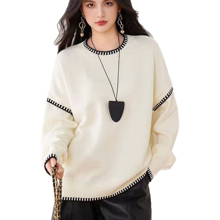 Damen Übergroßer Strickpullover mit Kontrastbündchen R&B