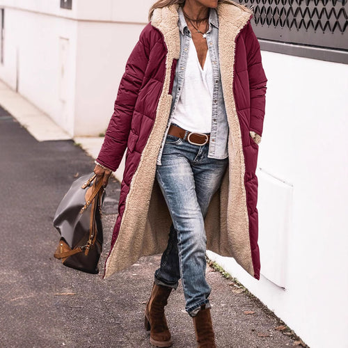 Damen lange Steppjacke mit kuscheligem Teddyfutter und großem Revers R&B