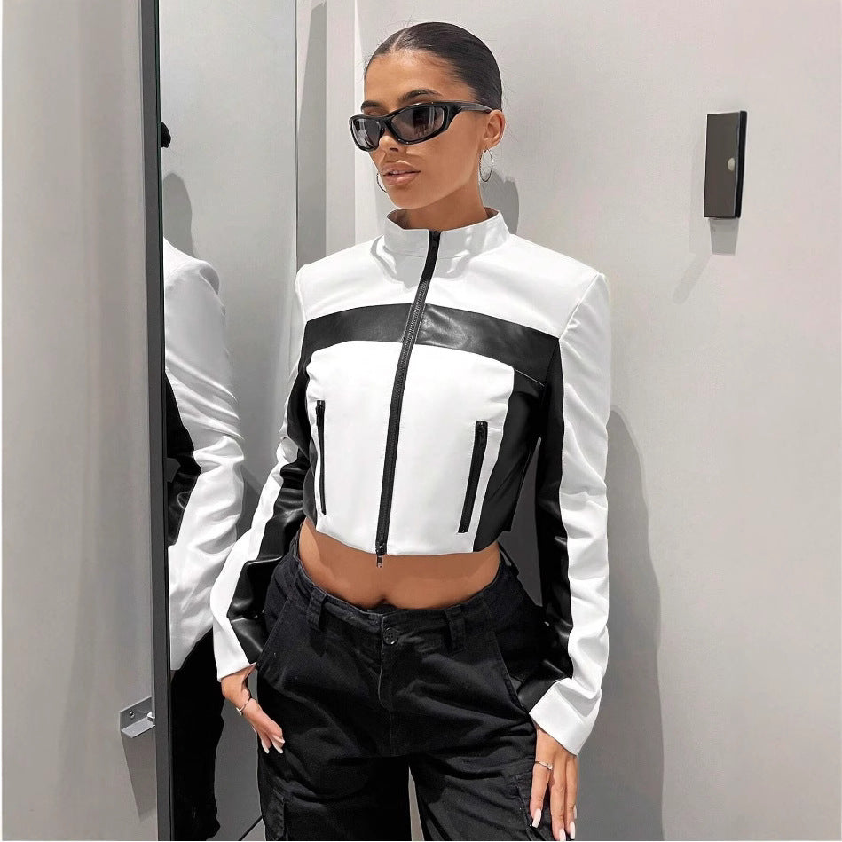 Damen Sportliche cropped Jacke aus Kunstleder mit Kontrastdetails R&B