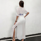 Damen elegantes Maxikleid mit floralen Häkelakzenten R&B