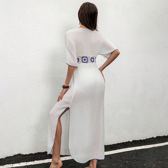 Damen elegantes Maxikleid mit floralen Häkelakzenten R&B