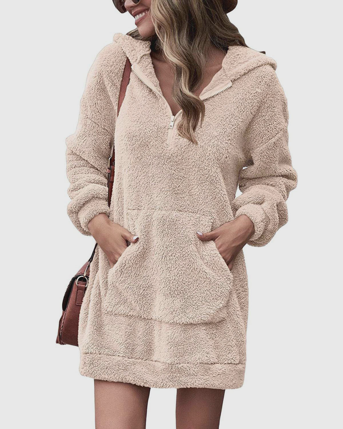 Damen kuscheliges Fleece-Kleid mit Kapuze und Taschen R&B