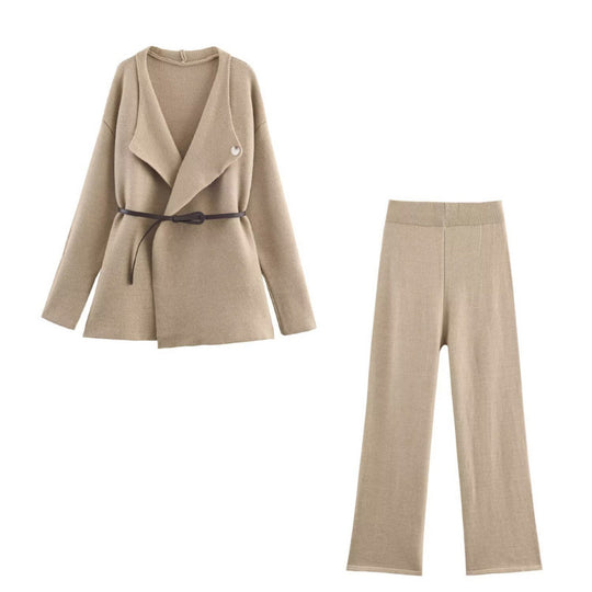 Damen elegantes Strickset mit tailliertem Blazer und weitem Hosenbein R&B