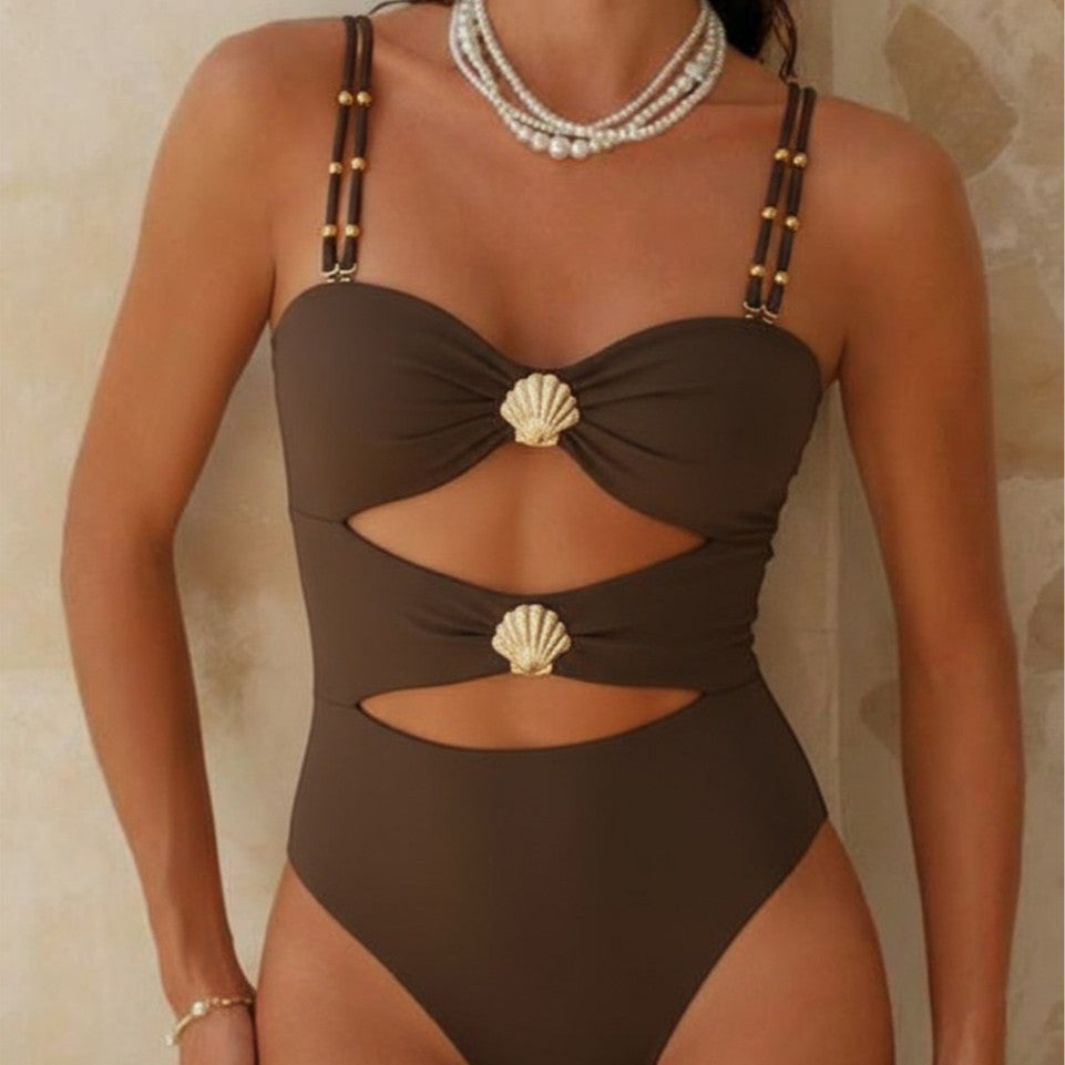 Damen Designer-Badeanzug mit Cut-Out-Details und Muschel-Applikation R&B