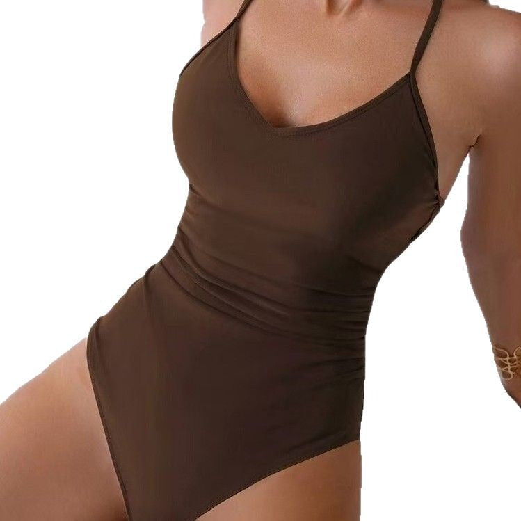 Damen Einteiler Badeanzug mit V-Ausschnitt und verstellbaren Trägern R&B