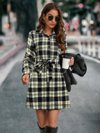 Damen Karohemdkleid mit Bindegürtel und langen Ärmeln R&B