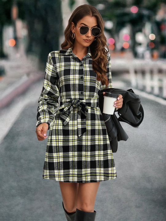 Damen Karohemdkleid mit Bindegürtel und langen Ärmeln R&B