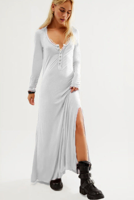 Damen Maxikleid mit knopflosem Ausschnitt und seitlichem Schlitz R&B