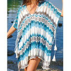 Damen lässiger Strandkimono im Wellenmuster mit offenen Ärmeln und seitlichen Schlitzen R&B