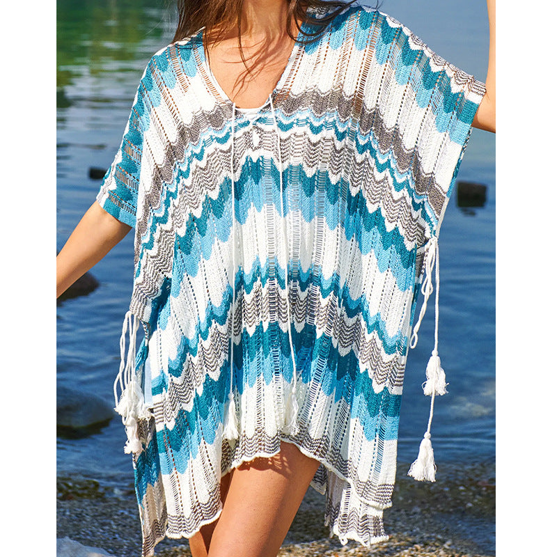 Damen lässiger Strandkimono im Wellenmuster mit offenen Ärmeln und seitlichen Schlitzen R&B