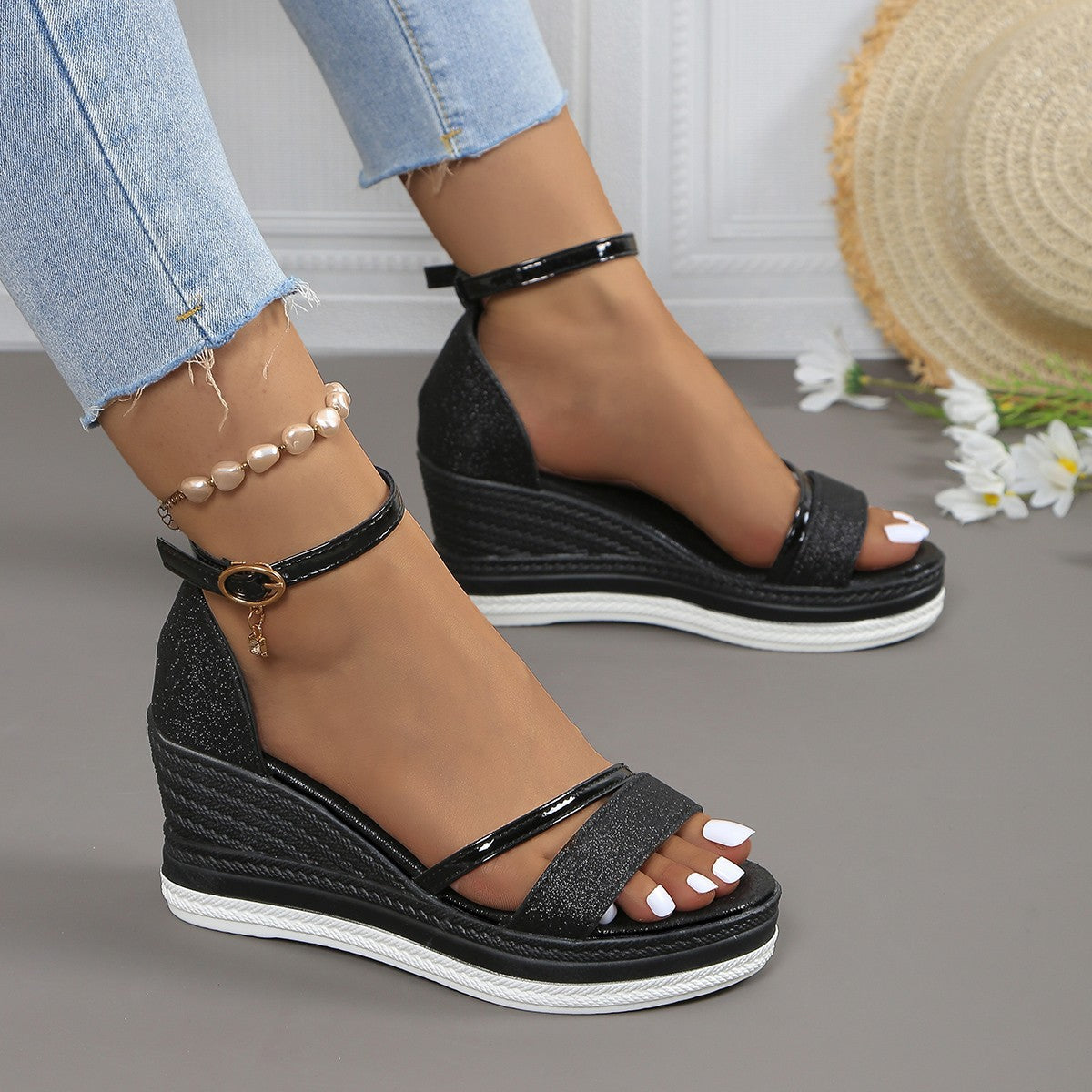 Damen Wedgesandalen mit Glitzer