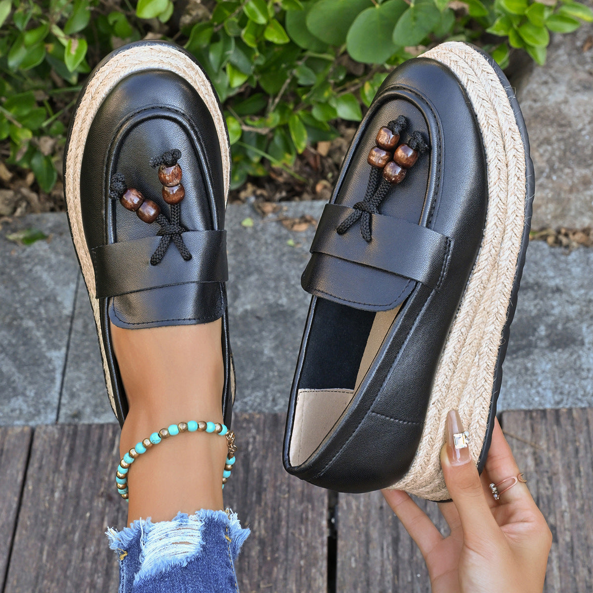 Damen Espadrilles mit modischer Schnürung und geflochtenem Boden R&B