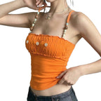 Damen Spitzen-Crop-Top mit dekorativem Rüschen und Knopfdetails R&B