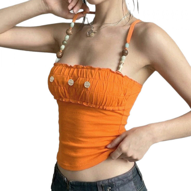 Damen Spitzen-Crop-Top mit dekorativem Rüschen und Knopfdetails R&B
