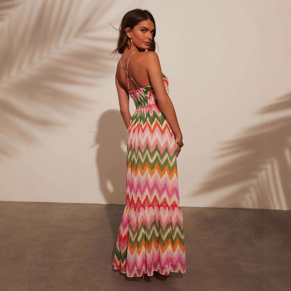 Damen Maxikleid mit zartem Wellenmuster und Bandeau-Ausschnitt R&B