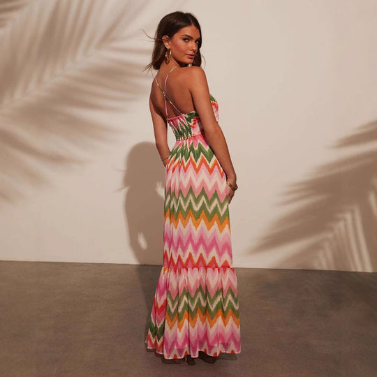 Damen Maxikleid mit zartem Wellenmuster und Bandeau-Ausschnitt R&B