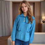 Damen Pullover mit kontrastierendem Kragen und dekorativen Knöpfen R&B
