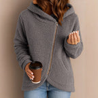 Damen Flauschige Kapuzenjacke mit asymmetrischem Reißverschluss R&B