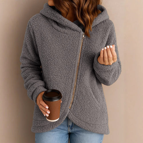 Damen Flauschige Kapuzenjacke mit asymmetrischem Reißverschluss R&B