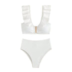 Damen hochtailliertes Bikini-Set mit Rüschendetails und goldenen Akzenten R&B