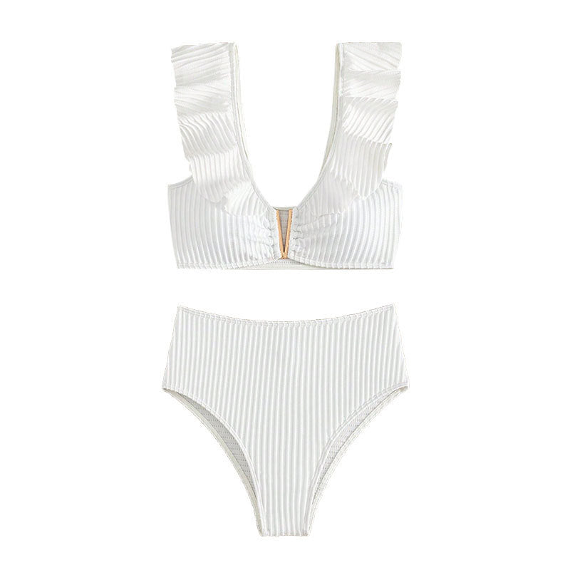 Damen hochtailliertes Bikini-Set mit Rüschendetails und goldenen Akzenten R&B