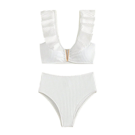 Damen hochtailliertes Bikini-Set mit Rüschendetails und goldenen Akzenten R&B