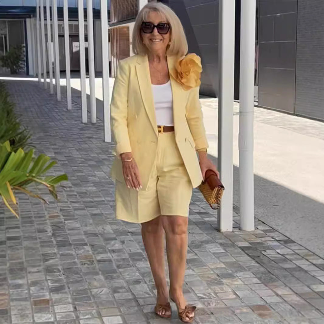 Damen Modisches Blazer-Shorts-Set mit doppelter Knopfleiste und eleganter Passform R&B
