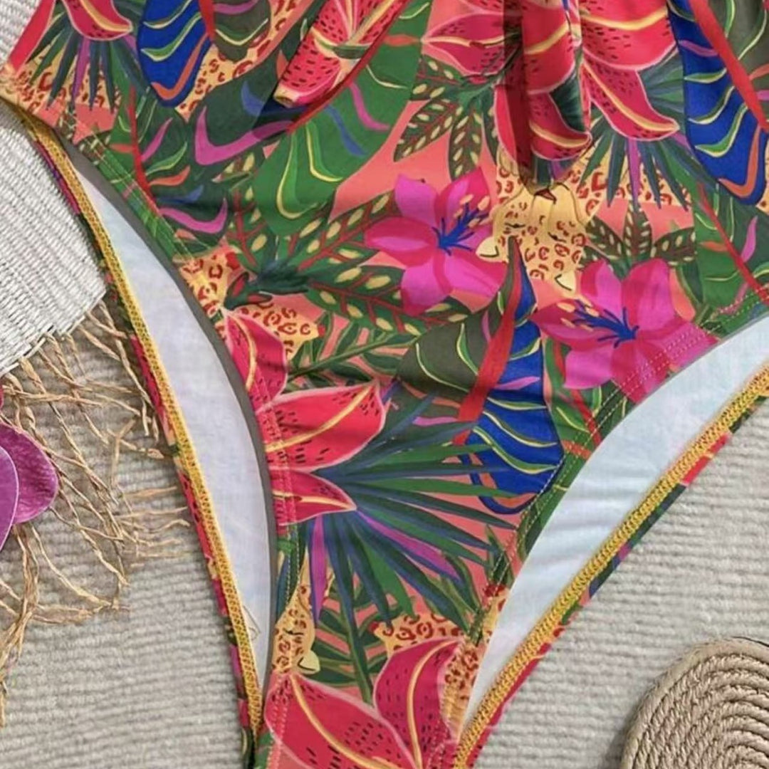Damen Einteiler Badeanzug mit dekorativem Knotendetail und verspieltem Floraldesign R&B