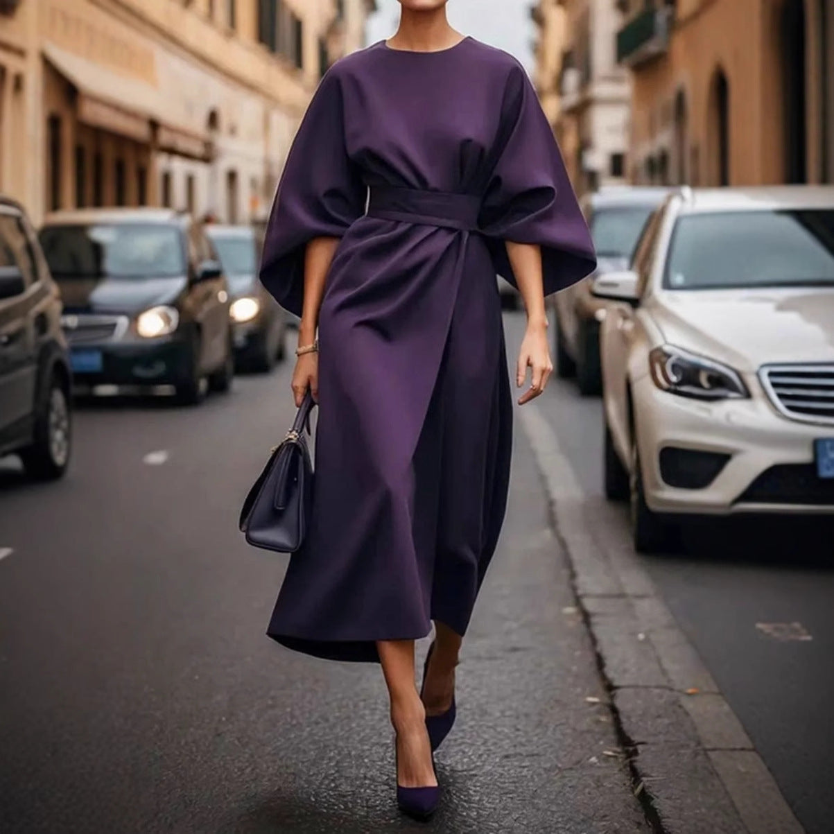 Damen Maxikleid mit eleganten Ballonärmeln und Taillengürtel