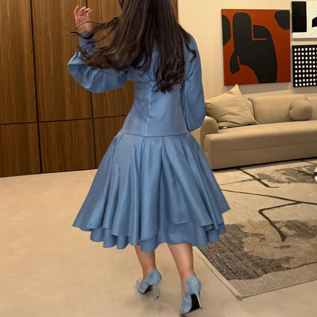 Damen Vintage-inspiriertes A-Linien-Kleid mit eleganten Puffärmeln und Knopfleiste R&B