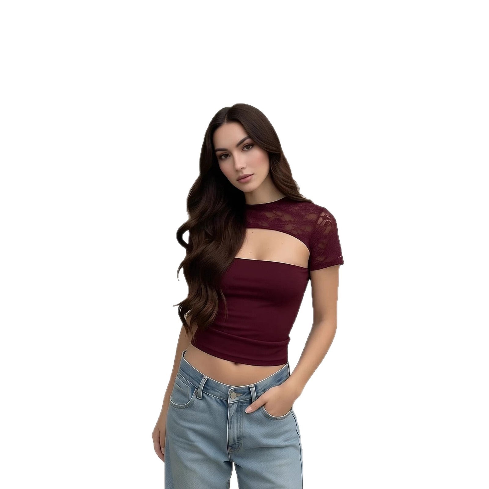Damen Cropped Top mit Spitzenmuster und figurbetontem Schnitt R&B