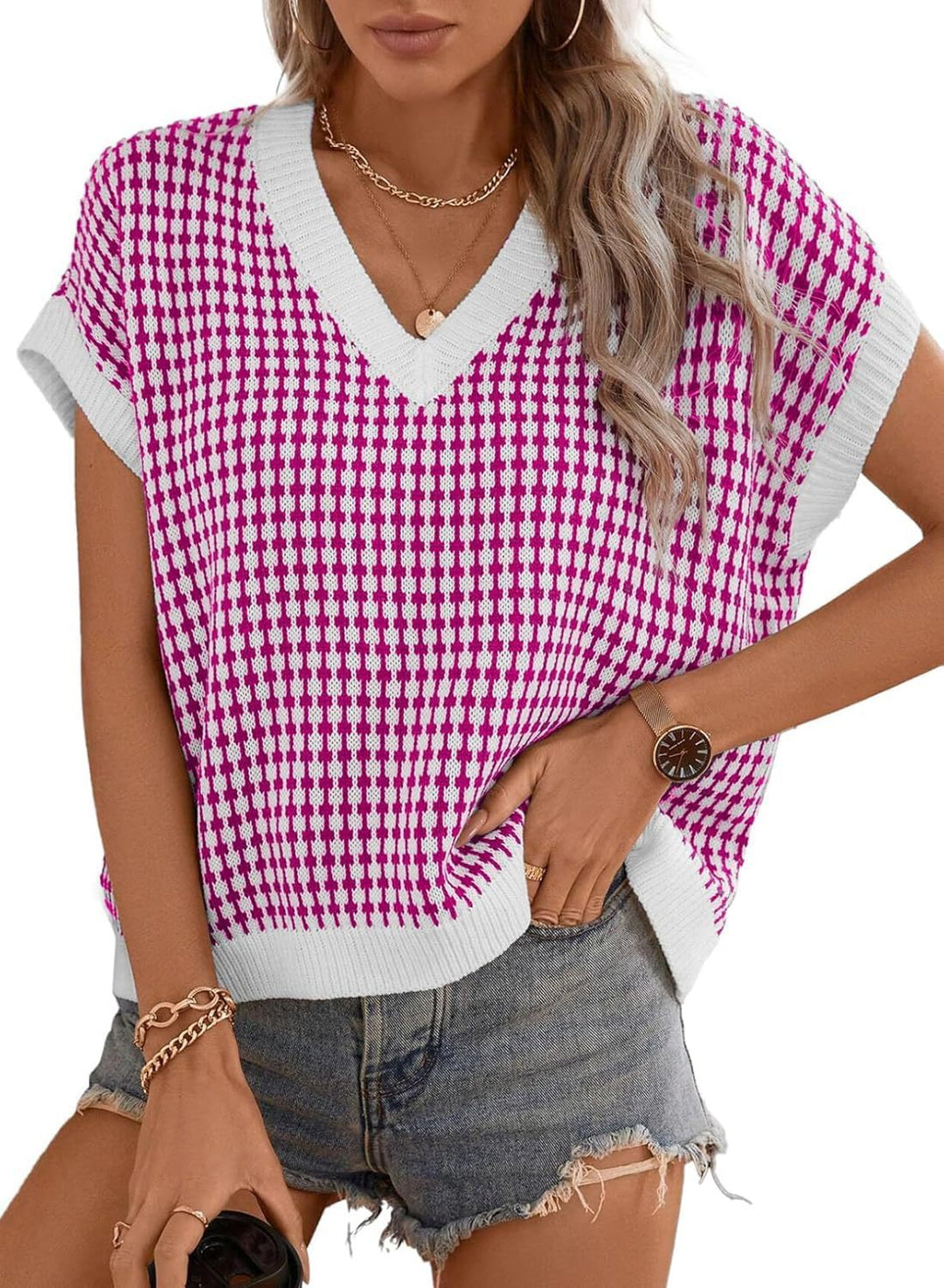 Damen lässiger V-Ausschnitt Pullover mit geometrischem Muster R&B