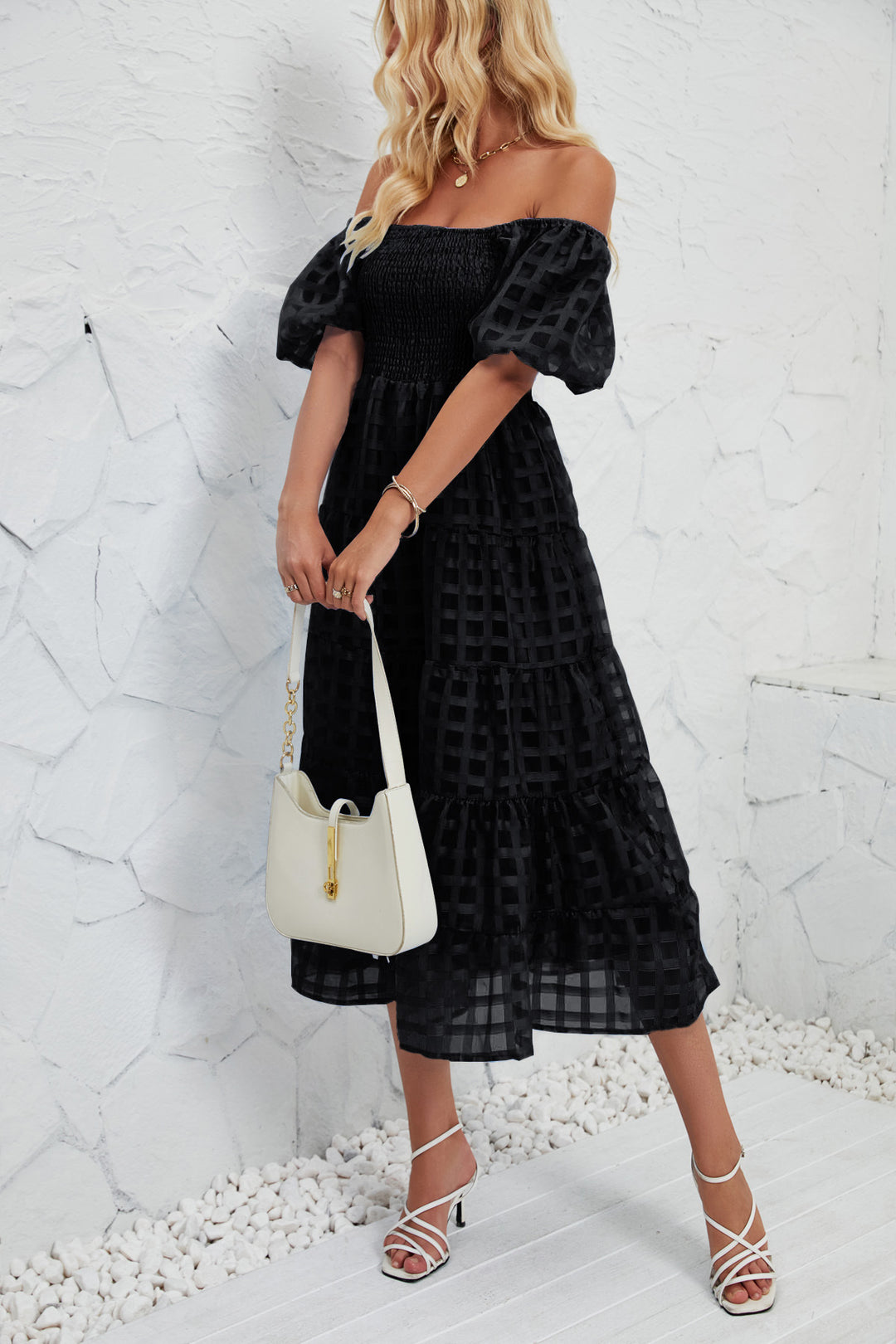 Damen Midikleid mit Off-Shoulder-Design und luftigen Puffärmeln R&B