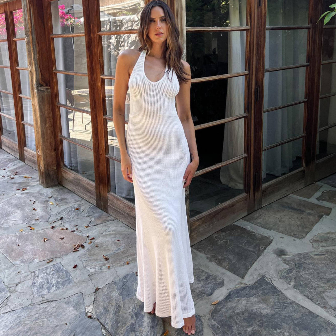 Damen Maxikleid aus feinem Netzstrick mit tiefem V-Ausschnitt R&B