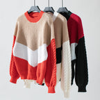 Damen Strickpullover mit modernen Farbblocklinien und Zopfmuster R&B