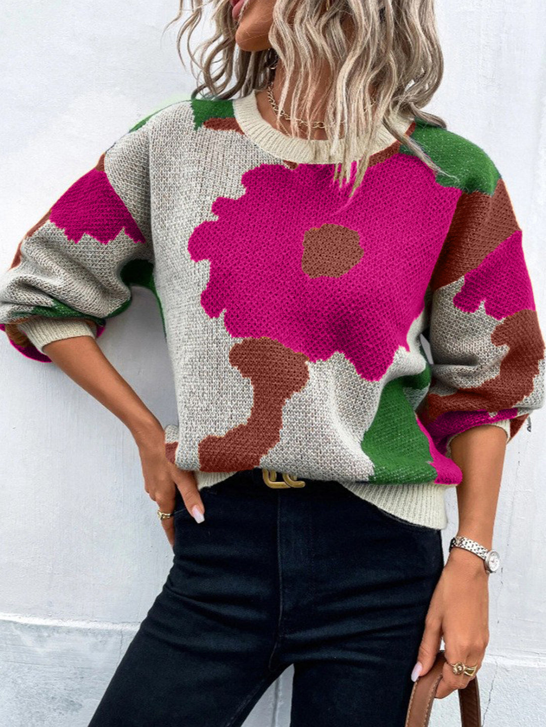 Damen modischer Pullover mit floralem Muster und weiten Ärmeln R&B