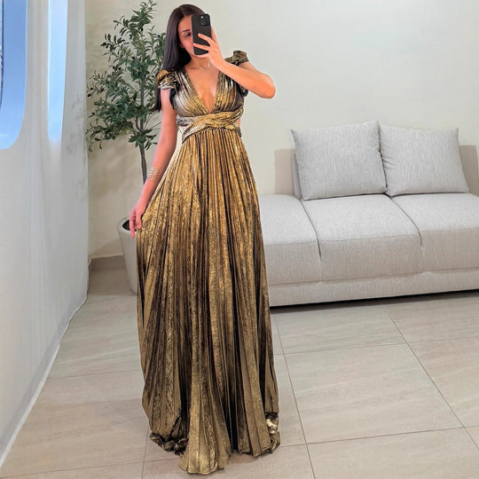 Damen Glamouröses Plissee-Maxikleid mit tiefem V-Ausschnitt und Puffärmeln R&B