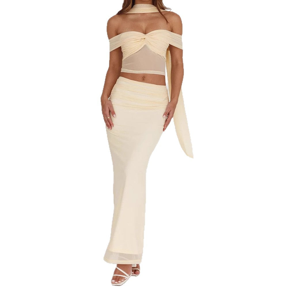 Damen elegantes Wickelkleid mit schulterfreiem Oberteil und drapierter Silhouette R&B
