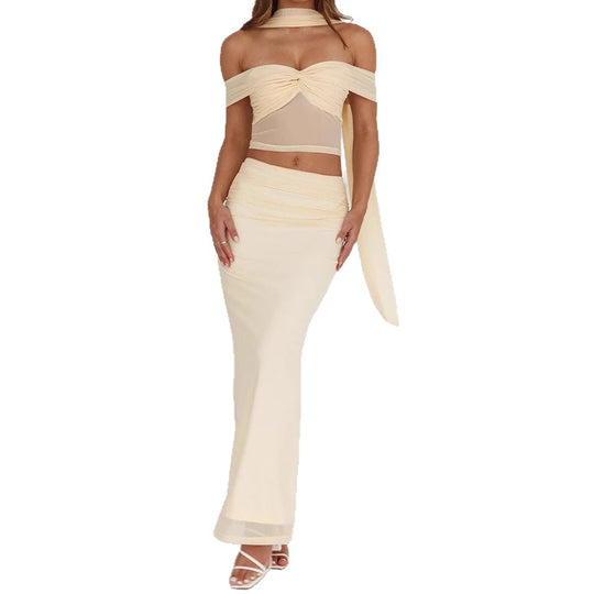Damen elegantes Wickelkleid mit schulterfreiem Oberteil und drapierter Silhouette R&B