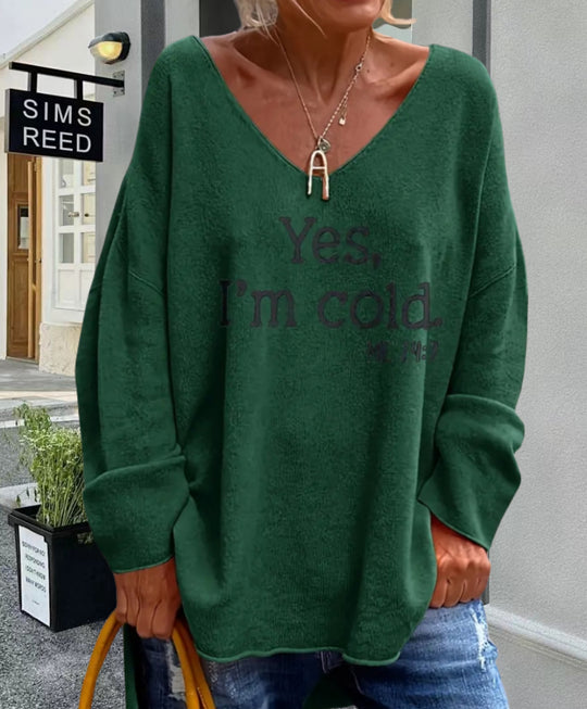 Damen Oversized Pullover mit modernem V-Ausschnitt und aufgedrucktem Statement R&B