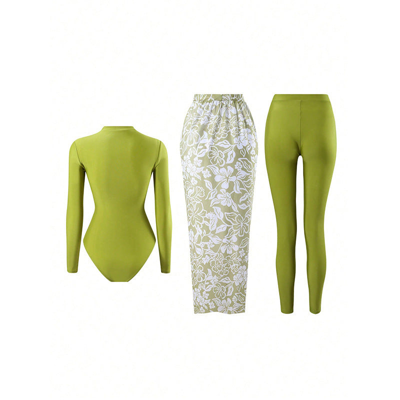 Damen langärmliger Badesuit mit floralem Wickelrock R&B