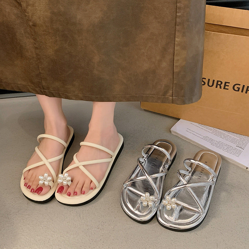 Damen Sandalen mit eleganten Blumendekoren und kunstvollen Kreuzriemen EB