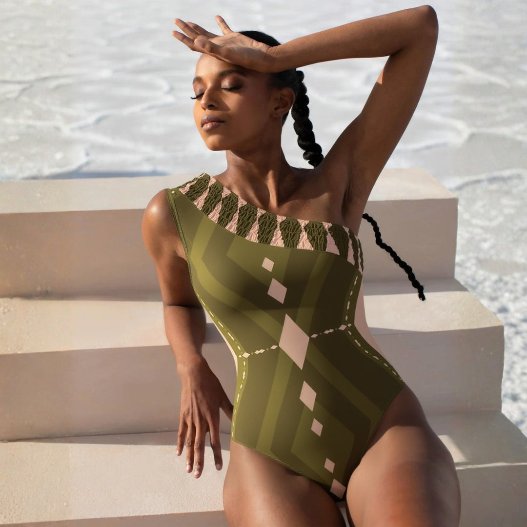 Damen Einteiler Badeanzug mit voluminösem Rüschendesign und passendem Stoffhose R&B