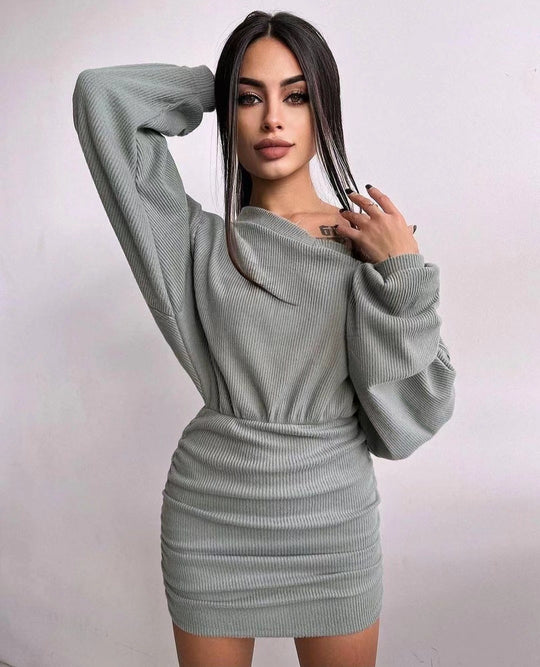 Damen lässiges Mini-Kleid mit asymmetrischem Ausschnitt und Raffung R&B