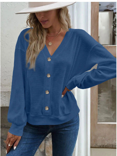 Damen Komfortabler Strickpullover mit V-Ausschnitt und Knopfleiste R&B
