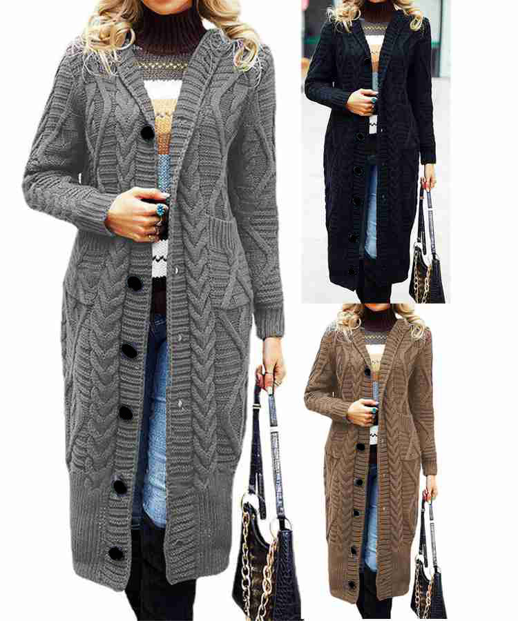 Damen Eleganter Strickmantel mit tiefem V-Ausschnitt und aufwendigem Zopfmuster R&B
